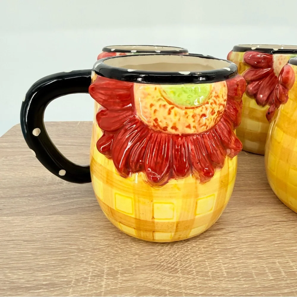 Pier 1 Sunflower Mug Set 4 3D Floral Ceramic Coffee Cup Cottagecore Farmhouse